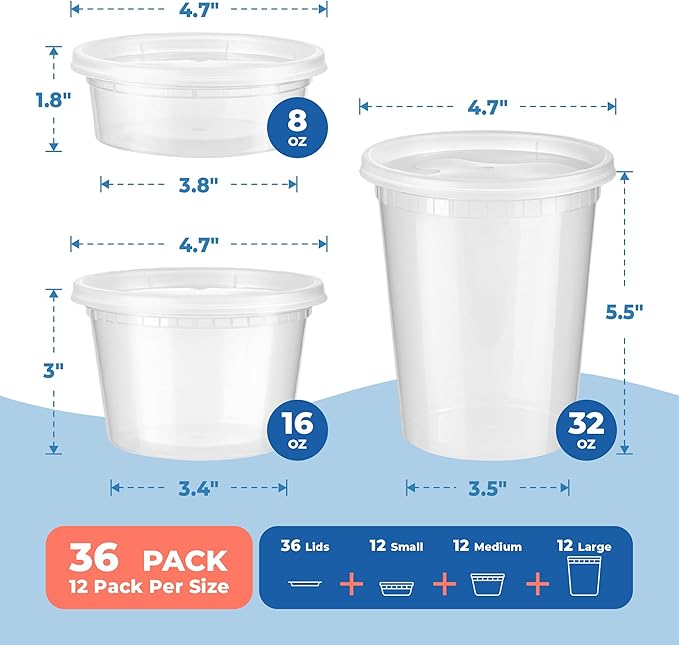 Fit Meal Prep 36 Pack 8 16 32 oz Deli Containers with Lids Variety Pack, US Made Leakproof Assorted Plastic Soup Container, Combo Clear Food Storage Containers for Restaurant, Microwave Freezer Safe