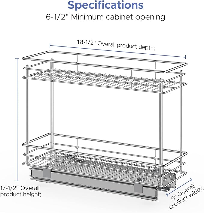 LOVMOR Pull Out Cabinet Organizer and Storage (5" W x 21" D) 2-Tier Pull Out Shelf Storage for Kitchen Base Cabinet Silver(5" W x 21" D, Silver, Roll on Top)