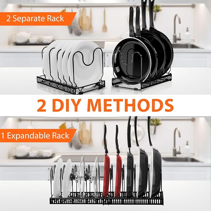 AHNR Expandable Pot and Pan Organizers Rack, 10+ Pans and Pots Lid Organizer Rack Holder, Kitchen Cabinet Pantry Bakeware Organizer Rack Holder with 10 Adjustable Compartments (Black)