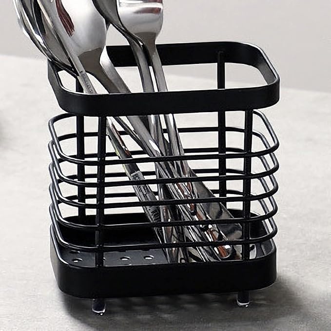 Utensil Holder, Stainless Steel Sink Utensil Holder Countertop, Kitchen Utensil Drying Caddy, Cutlery Drainer for Utensil, Rust-Proof Cutlery Utensil Organizer (Black)
