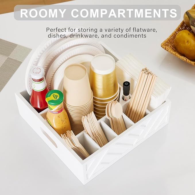 Utensil Holder for Party-Paper Plate Organizer for Countertop, Rustic Wood Silverware Caddy with 7 Compartments for Plate, Cup, Fork, Spoonpicnic Caddy for Plates and Utensils-White