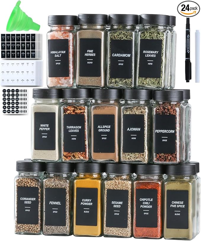 Spice Jars with Labels,4oz Black Seasoning Containers Jars Bottles with Shaker Lids for Rack, Cabinet, Drawer,Empty Square Condiment Pots (48)