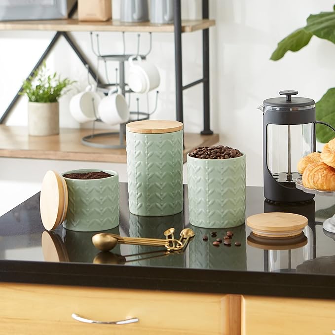 DII Kitchen Accessories Collection, Textured Matte Ceramic Canister Set, Jadeite, Vine, 3 Piece