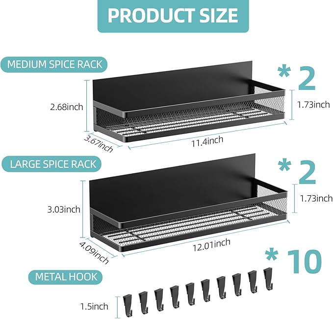 Magnetic Spice Rack for Refrigerator, 4 Pack Magnetic Shelf for Refrigerator,Moveable Fridge Magnetic Spice Racks with 10-Hook Rack for Kitchen Organizers and Storage