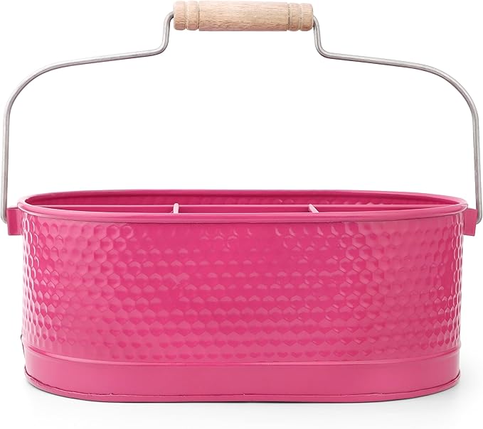 Alpha Living Home - Rustic Utensil Caddy – Metal & Wood Flatware Organizer with Handle – Silverware Holder for Kitchen Countertop, Picnic, BBQ, Parties – 4 Compartments – Bright Pink