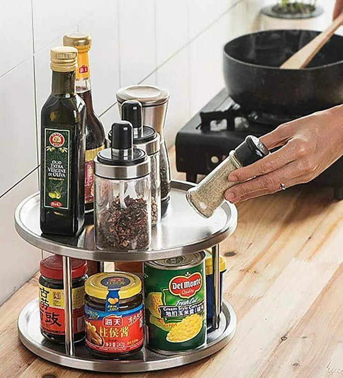 2 Tier Lazy Susan Turntable Organizer,Stainless Steel 360 Degree Turntable Pantry Cabinet Turning Table Spice Rack Organizer Tray for Kitchen Bathroom Bedroom Parlor