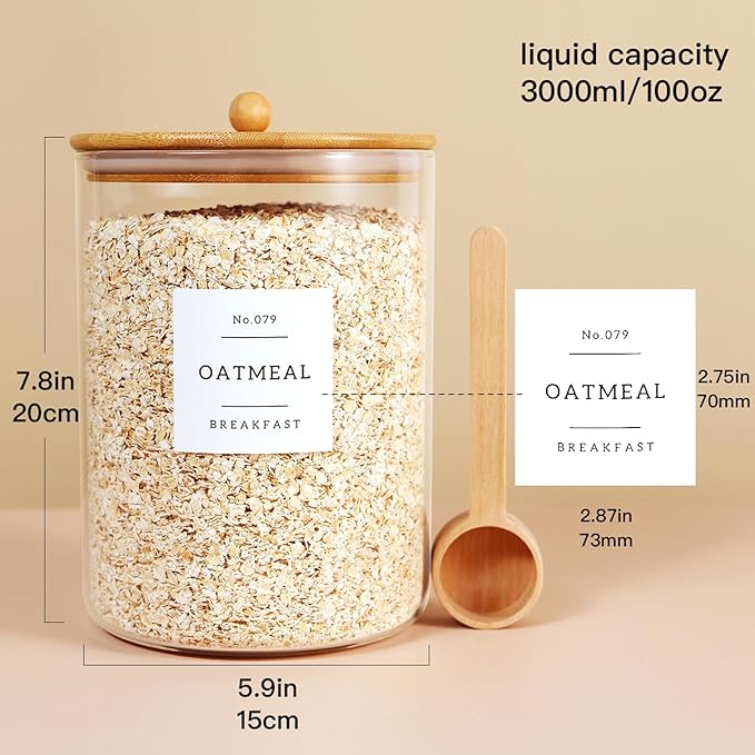 2 Pcs Large Jar with Lid for Kitchen Counter with 132 Pantry Labels and Spoon,Glass Canister Food Storage Container, Flour Container, Kitchen Storage Jars for Candy, Cookie (100oz X 2)
