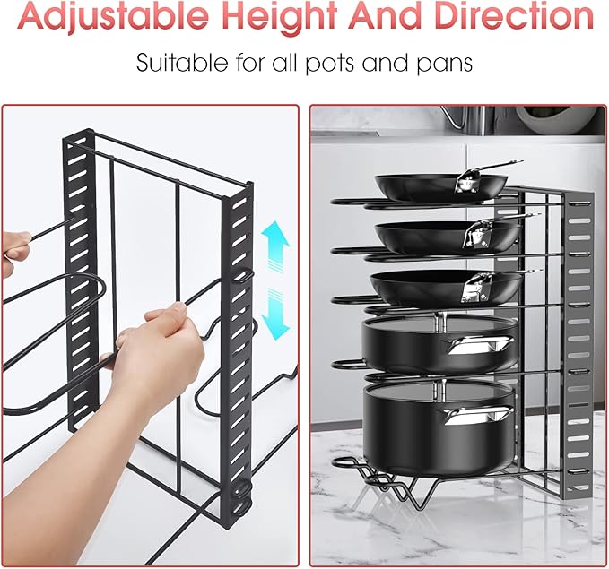 G-TING Pot Rack Organizers, 8 Tiers Pots and Pans Organizer for Kitchen Organization & Storage, Adjustable Pot Lid Holders & Pan Rack for Kitchen, Lid Organizer for Pots and Pans With 3 DIY Methods