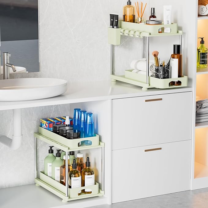 Under Sink Organizer, 2 Pack Under Kitchen Bathroom Cabinet Organizer, 2 Tier Under Bathroom Kitchen Sink Organizer, Adjustable Height Bathroom Kitchen Cabinet Organizers and Storage, Green