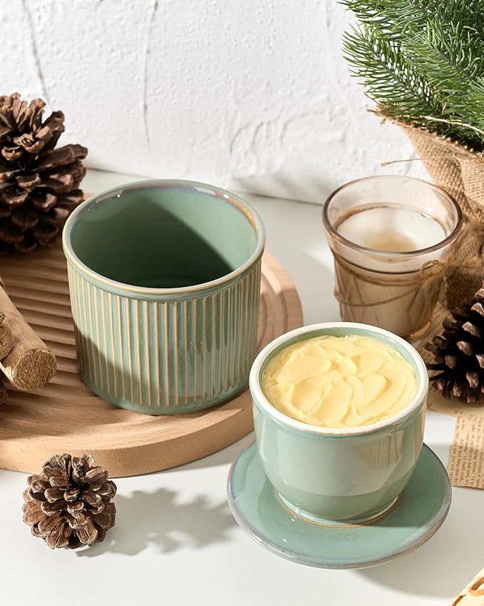XELA Large Butter Crock with Lid for Countertop, The Original Reactive Glaze Butter Dish With Water Line, French Butter Dish for Spreadable Butter -Vintage Turquoise