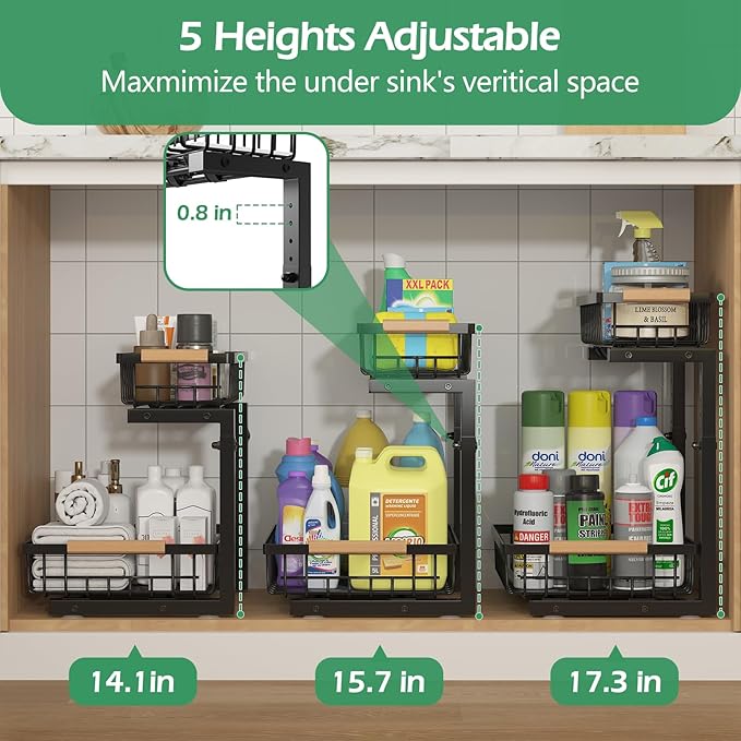 ADRIMER Under Sink Organizer 2 Packs, Pull Out Kitchen Sink Organizer, 2 Tier Slide Out Kitchen Organizers and Storage Bathroom Under Cabinet Storage Shelf, Black