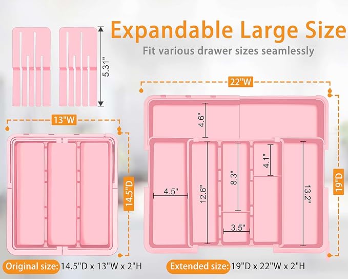 Utensil Drawer Organizer for Kitchen, Expandable Silverware Organizer Cooking Utensils Tray, Large Cutlery and Flatware Holder, Kitchen Tools & Gadgets Storage (Pink)