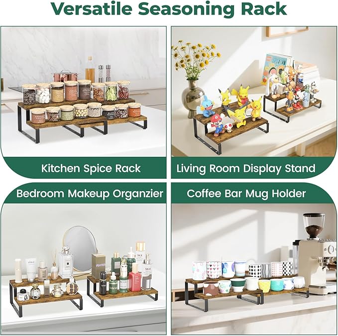 EsLuker.ly Spice Seasoning Rack Organizer Kitchen Countertop, Set of 2 Expandable Wood Spice Shelf Holder Storage, 2 Tier Freestanding Stand for Pantry, Quick Access(Jars Not Included)