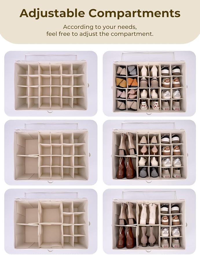 StorageWorks Shoe Organizer for Closet, Fits up to 24 Pairs, Shoe Cubby Storage Containers with Adjustable Dividers and Clear Cover, Gray and White Stripes