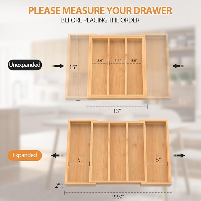 Bamboo Expandable Kitchen Drawer Organizer, 13" to 23" Adjustable Utensils and Cutlery Tray, Wood Drawer Organizer for Silverware Flatware