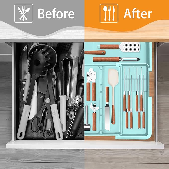 Utensil Drawer Organizer for Kitchen, Expandable Silverware Organizer Cooking Utensils Tray, Large Cutlery and Flatware Holder, Kitchen Tools & Gadgets Storage (Turquoise)