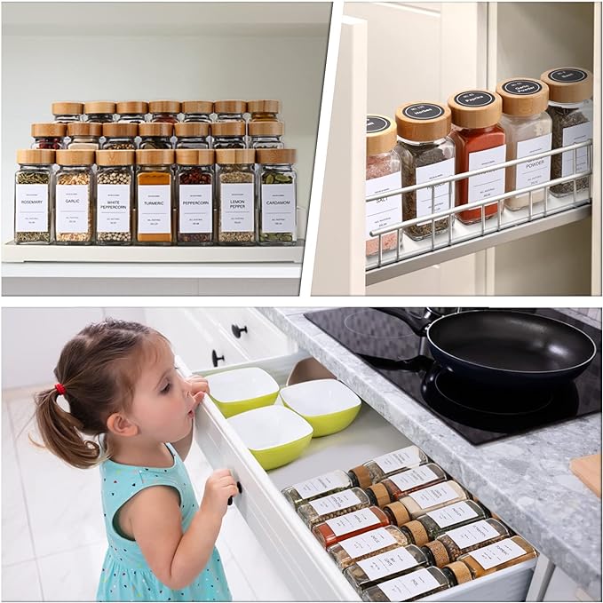 Spice Jars with Label-4oz 15 Pcs,DIMBRAH Glass Spice Jars with Bamboo Lids,Spices Container Set with White Printed Spice Labels,Kitchen Empty Spice Jars