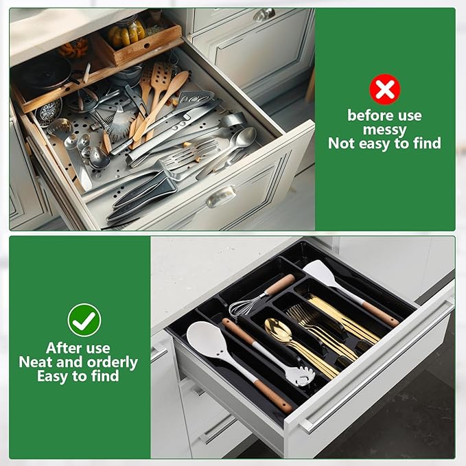 Utensil Drawer Organizer, Expandable Silverware Drawer Organizer Adjustable Kitchen Drawer Organizer Cutlery Drawer Utensil Tray Flatware Tray for Forks Spoons Knife Organizer(Large, Black)