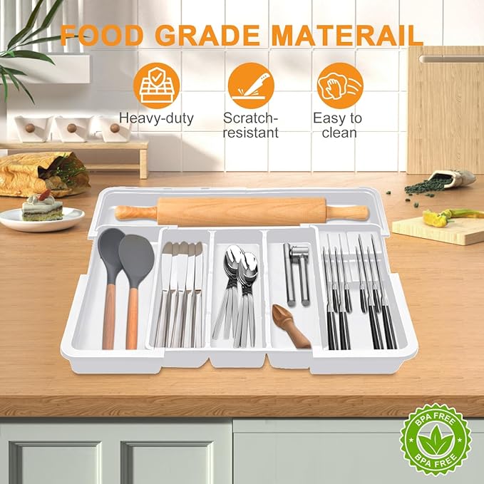 Homecor Kitchen Utensil Drawer Organizer, Large 22"x 19" Expandable Silverware Organizer with Removable Knife Block, Utensil Holder and Cutlery Tray, Kitchen Spatula Tools and Gadgets Storage, White