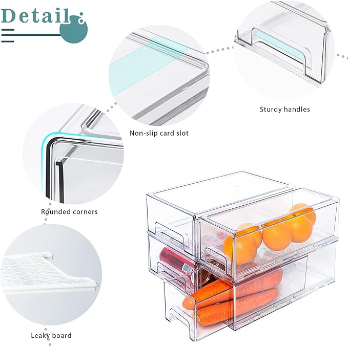 MANO 2 Pack Stackable Refrigerator Drawers Pull Out Bins Clear Fridge Drawer Organizer Food Storage Containers Plastic Veggie Fruit Produce Saver for Pantry Kitchen Freezer(M)
