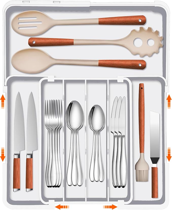Adjustable Kitchen Utensil Organizer Plastic Silverware Drawer Organizer, Expandable Cutlery Drawer Organizer BPA Free Flatware Tray for Spoons Forks Knives Organizers Divider, White