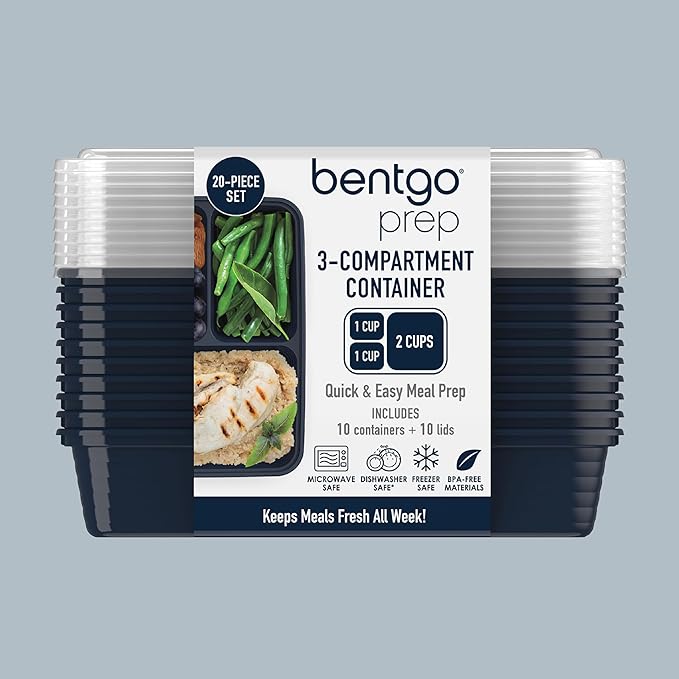 Bentgo 20-Piece Lightweight, Durable, Reusable BPA-Free 3-Compartment Containers - Microwave, Freezer, Dishwasher Safe - Navy Blue
