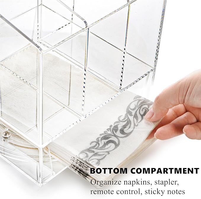 Swivel Utensil Holder, Acrylic Rotating Silverware Caddy Holder for Party, Countertop Flatware Caddy Cutlery Holder for Kitchen, Clear Napkin Holder Table Organizer Holds Fork, Spoon, Knife
