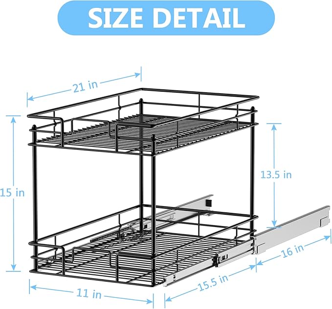 LOVMOR Cabinet Organizer, 2-Tier Pull Out Cabinet Organizers 11" W x 21" D, Pull Out Home Organizers Chrome Pull Out Drawer for Base Cabinet Black
