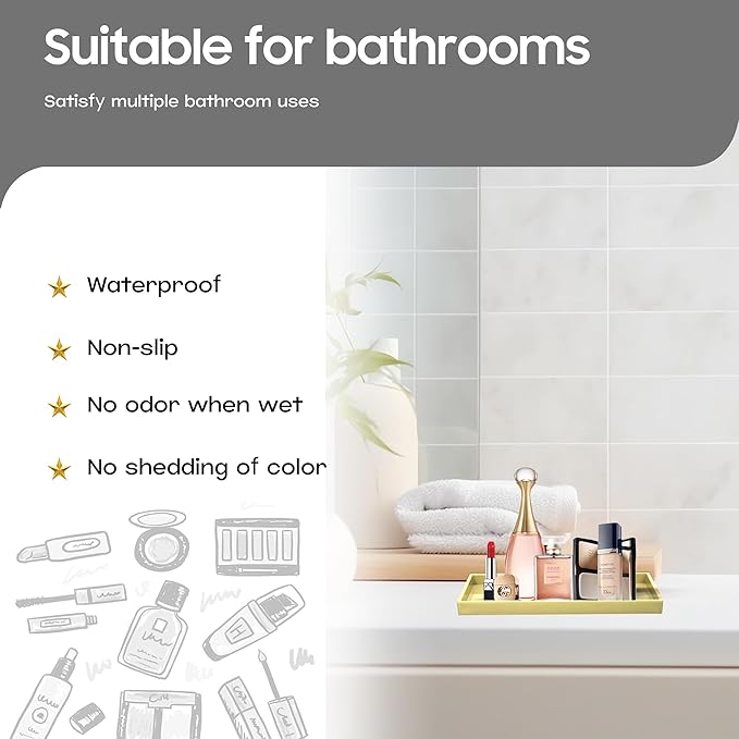 Vanity and Bathroom Tray, 7.7" ABS Countertop Organizer,Waterproof Vanity Tray for Toilet Tank,Perfume,Soap,Keys,Bathroom Accessories,Kitchen and Bath Trays,Non Slip Small Trays,Gold