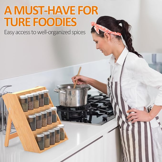 Bamboo Spice Rack Organizer for Kitchen Counter, 3 Tier Foldable Spice Shelf for Cabinet or Drawer (Jars Not Included)