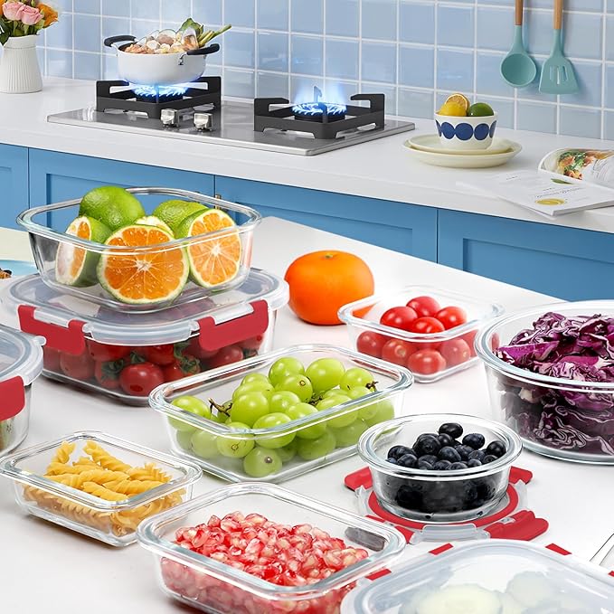 VERONES 30 Pieces Glass Meal Prep Containers Set, Stackable Glass Food Storage Containers with Lids-Airtight Glass Lunch Containers,for Microwave, Oven, Freezer & Dishwasher,Red