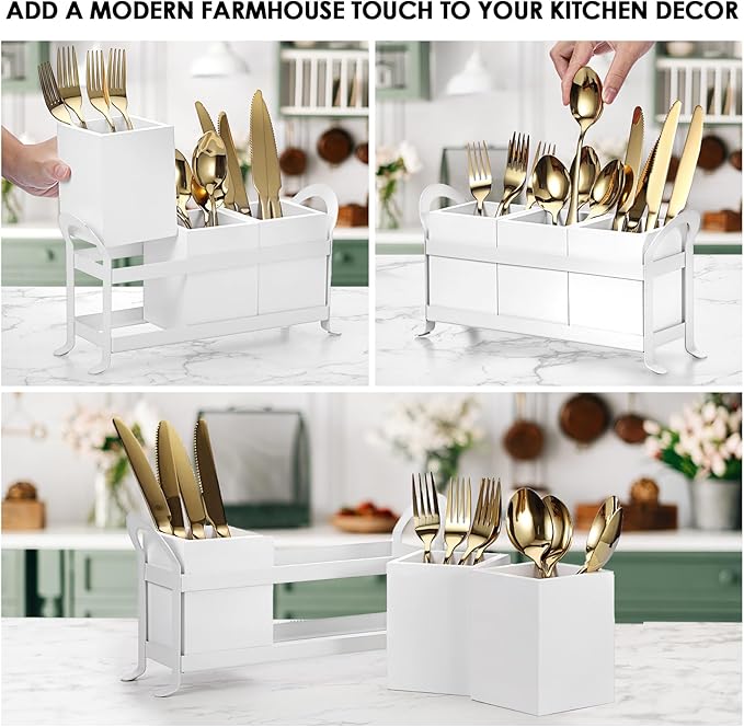 Wooden Utensil Caddy, Wood Silverware Holder with 3 Compartment, Farmhouse Kitchen Flatware Organizer with Metal Portable Handle, Utensil Cutlery Organizer for Forks Spoons Knives, White