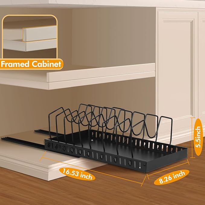 2 Pcs Pull-Out Pots and Pans Organizer Under Cabinet, Pot and Pan Organizers Inside Cabinet for Kitchen Cabinet Storage and Pots Storage Rack Pans Lid Dishes Holder Bakeware Organizer with Slide Rails