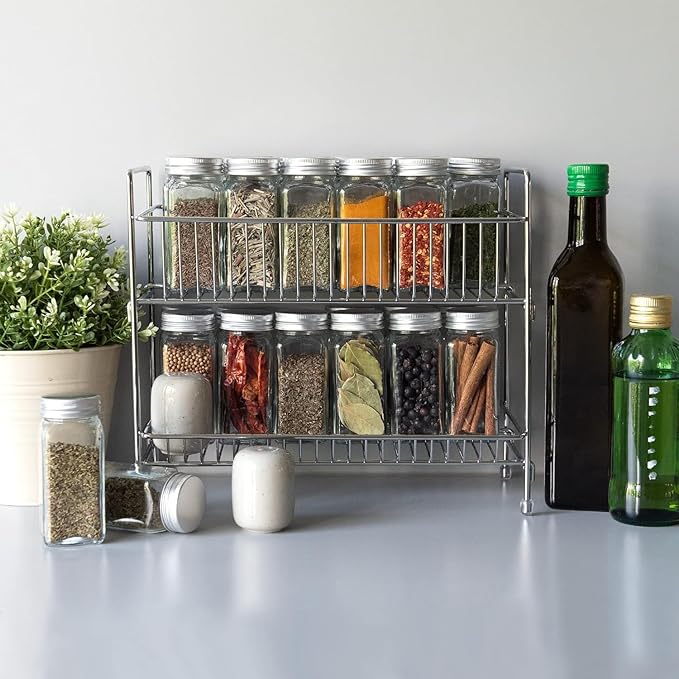 Navaris 2 Tier Spice Rack - Kitchen Countertop Free Standing Organiser for Spices, Jars, Herbs, Condiments, Oil - Metal Storage Stand for Ingredients