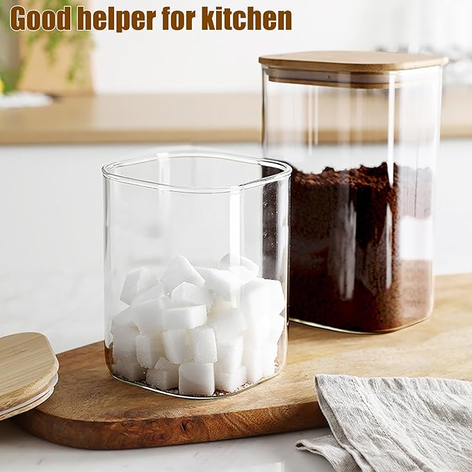 38 oz Glass Food Storage Jars with Airtight Lids, Clear Glass Jar with Bamboo Lid, Airtight Food Canister for Tea, Candy, Coffee, Sugar, Cookie, Snack. (Square| 5+6 Inch) SET of 3