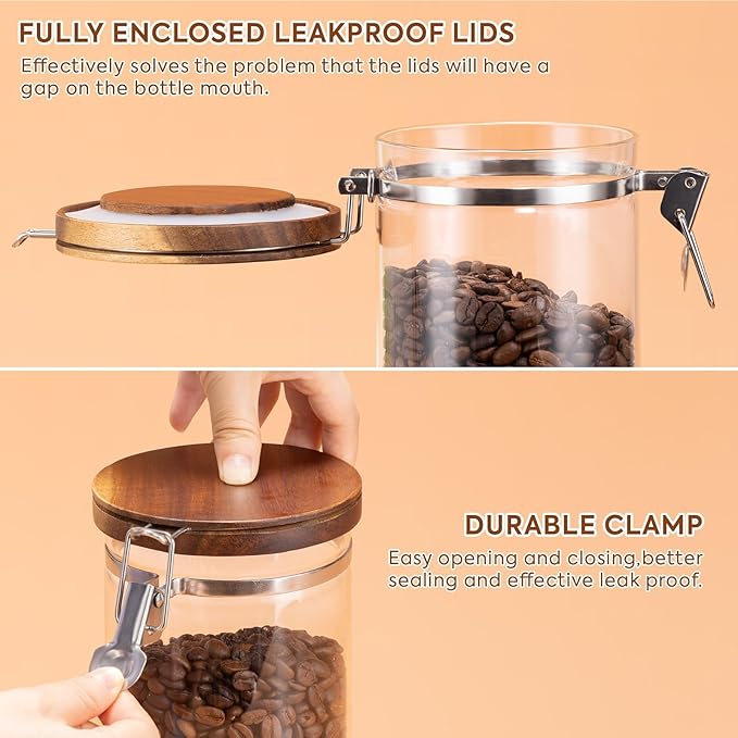 Yangbaga Glass Sugar Coffee Canister with Shelf, 3 x 45OZ Coffee Bean Containers Storage Station Organizer with Airtight Locking Clamp and Log Coffee Scoop, Food Storage Canisters Sets for Kitchen