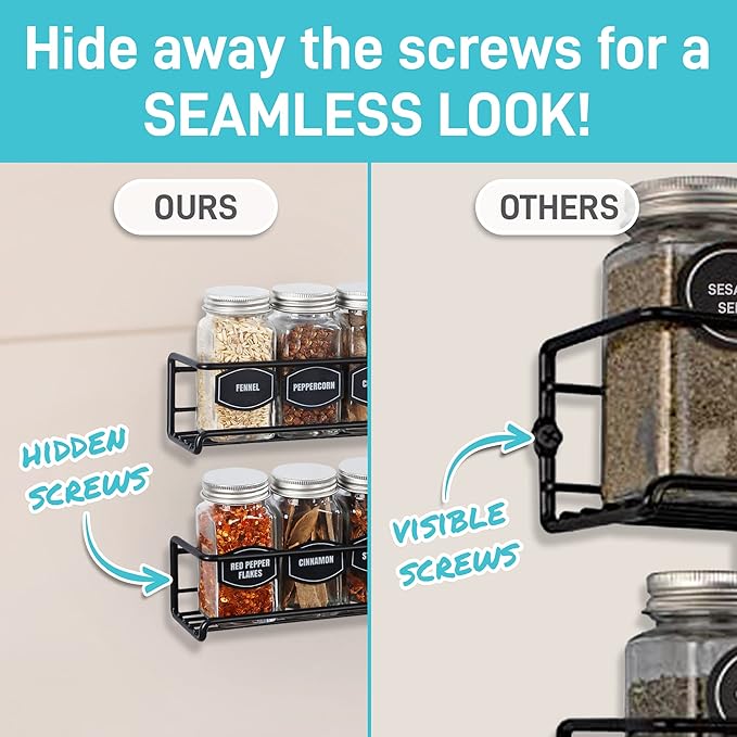 Spice Rack Wall Mounted 4 Tier – Space-Saving Kitchen Spice Organizer for Seasonings – Screw or Adhesive Hanging – Wall Mount Hanging Spice Rack for Wall, Cabinet, Pantry Door – Black