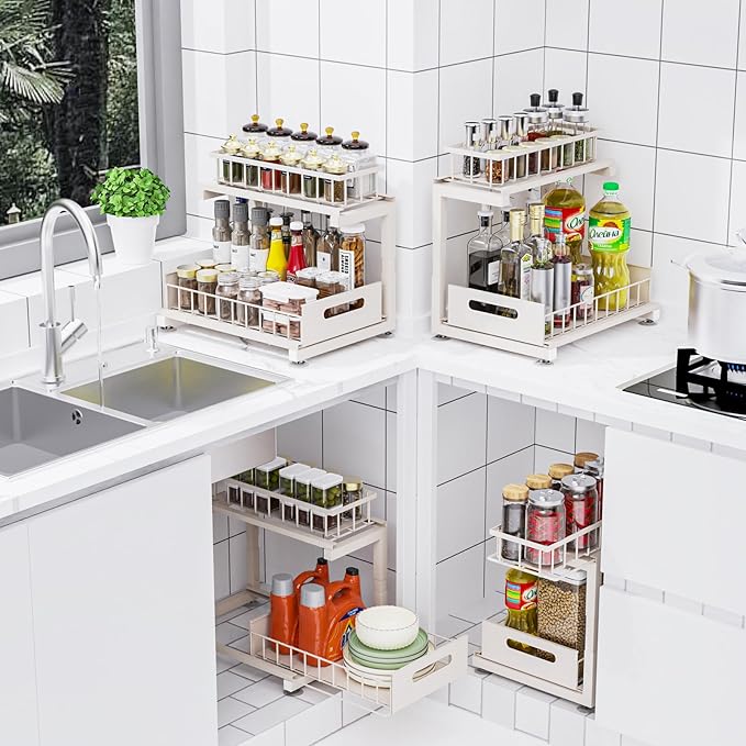 2 Pack Under Sink Organizer, 2-Tier Heavy Duty Metal Pull Out Cabinet Organizer Slide Out Sink Shelf Organizer Height Adjustable, Multi-Purpose Storage Shelf for Kitchen Bathroom (Sand, 1 Pack)