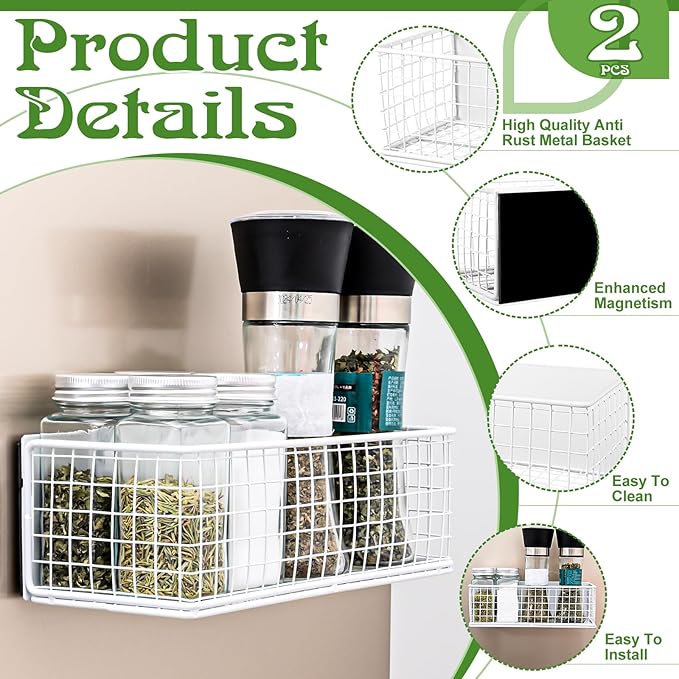 2 Pack Magnetic Basket for Fridge Magnetic Fridge Shelf Versatile Metal Organizer Storage Bin Moveable Strong Magnetic Spice Rack Organizer for Home Kitchen Office Refrigerator Holds