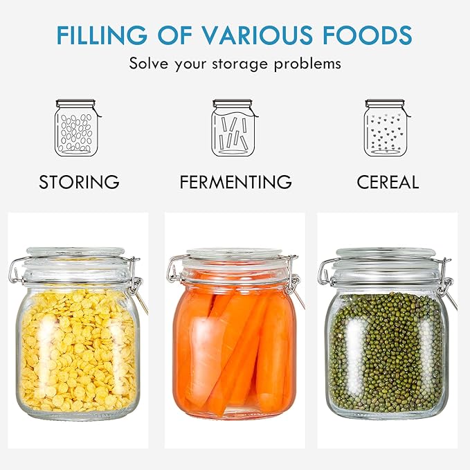 YEBODA 32oz Food Storage Canister Glass Jars with Clamp Airtight Lids and Silicone Gaskets for Multi-Purpose Kitchen Containers - Clear Square (3 Pack)