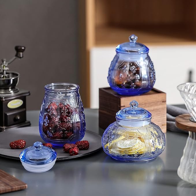 Vintage Blue Relief Glass Candy Dish With Airtight Lid For Food Storage,Candy Jars With Lids,Kitchen glass Airtight container Jars For Cookie Cereal Nuts Candy Cookies Coffee Tea,Household,Office,Gift
