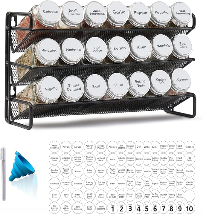 SpaceAid Spice Rack Organizer with 21 Spice Jars, 386 Spice Labels, Chalk Marker and Funnel Set for Cabinet, Countertop, Pantry, Cupboard or Door & Wall Mount - 21 Jars, 13.4" W × 9" H, White