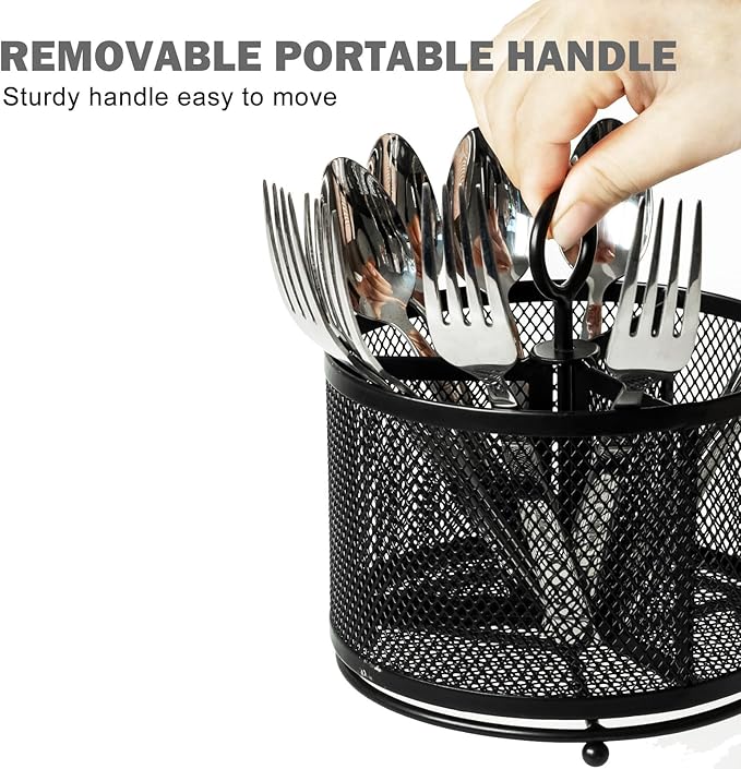 Metal Utensil Holder Silverware Cutlery Caddy for Kitchen Countertop Rotating 3 Compartment Flatware Organizer Spoon Fork Storage for Outdoor Party Picnic Buffet Camping Black