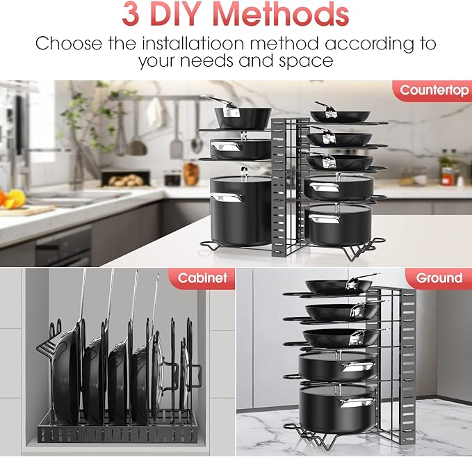 G-TING Pot Rack Organizers, 8 Tiers Pots and Pans Organizer for Kitchen Organization & Storage, Adjustable Pot Lid Holders & Pan Rack for Kitchen, Lid Organizer for Pots and Pans With 3 DIY Methods