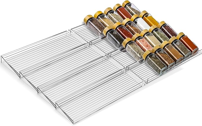 Spice Drawer Organizer, 4 Tier Clear Acrylic Drawer Seasoning Organizer Rack, Kitchen Seasoning Jars Drawers Insert, Expandable 11" to 22" Spice Rack Tray for Cabinet/Countertop (Jars Not Included)