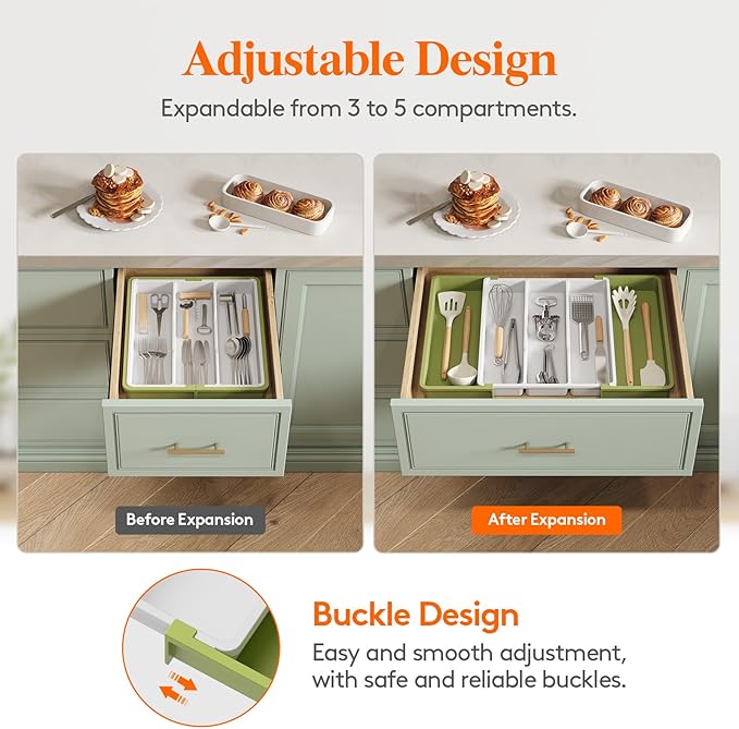 Lifewit Utensil Organizer for Kitchen Drawers, Expandable Cooking Utensil Tray, Adjustable Cutlery Silverware Flatware Holder, Plastic Kitchen Tools and Gadgets Storage Divider, 2 Pack, Green&White