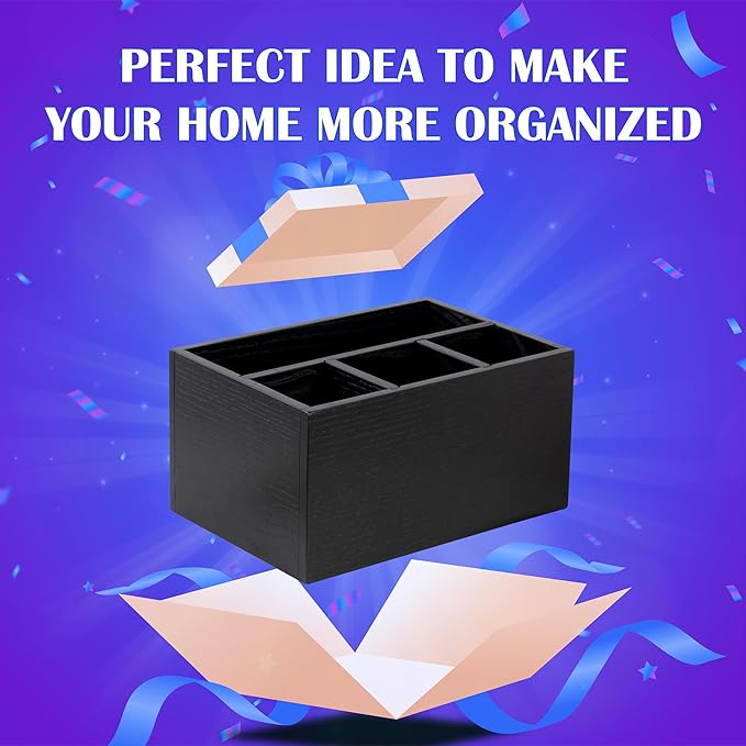 Utensil Caddy for Party - Black Wooden Silverware Holder with 4 Compartments for Plate, Cup, Fork, Spoon, Napkin - Paper Plate Organizer for Countertop - Cutlery Holder for Kitchen Camping Buffet