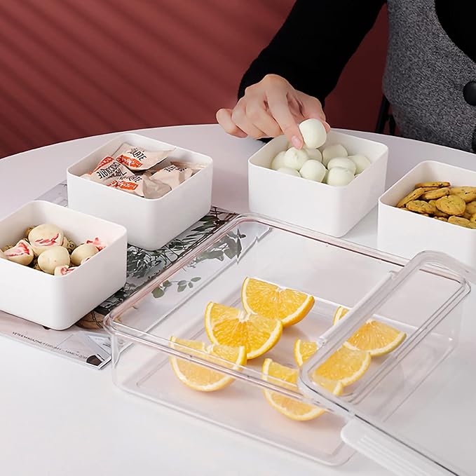 Eanpet Divided Serving Tray with Lid 4 Compartment Veggie Tray Portable Square Snackle Box Stackable Travel Snack Platters Charcuterie Food Storage Containers for Fruit,Vegetable,Salad