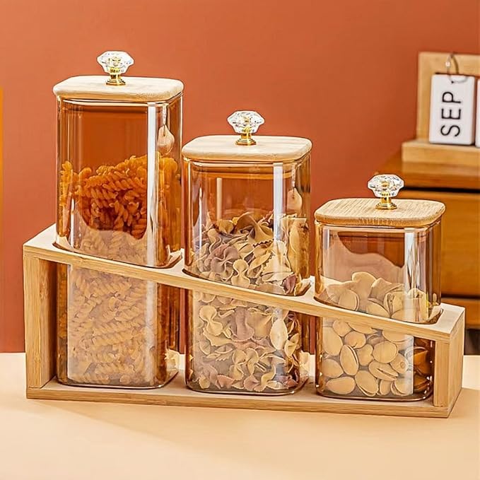 Glass Storage Containers with Lids (17oz/22oz/27oz), 3-Pack Glass Jars with Lids, Clear Glass Sugar Container, Pantry Organizers and Storage for Cookie Flour Oat Pasta Tea Coffee Bean (Square)