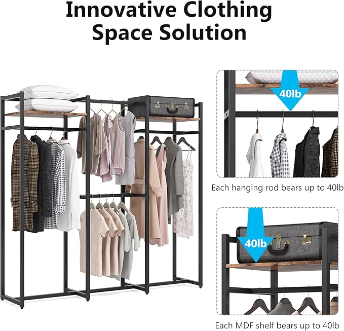 Tribesigns Garment Rack Heavy Duty Clothes Rack, Free Standing Closet Organizer with Shelves and Hanging Rod, Large Metal Clothing Rack for Hallway, Bedroom, Max Load 500Lbs (Dark Black)